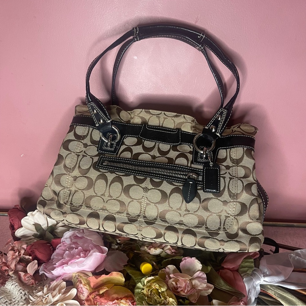 Coach Tan and Black Shoulder Bag with Monogram Pattern